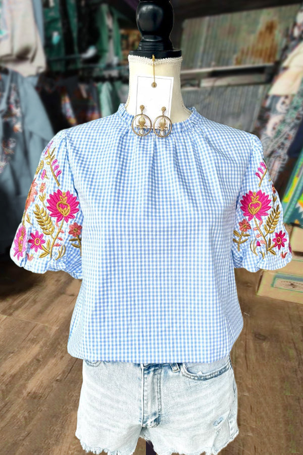 Gingham Floral Embroidered Puff Sleeve Top