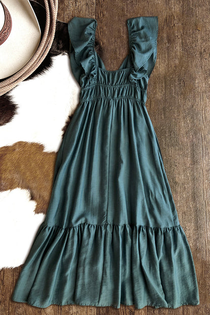 Elegant Deep V-Neck Cap Sleeve Ruffle Hem Dress-0520