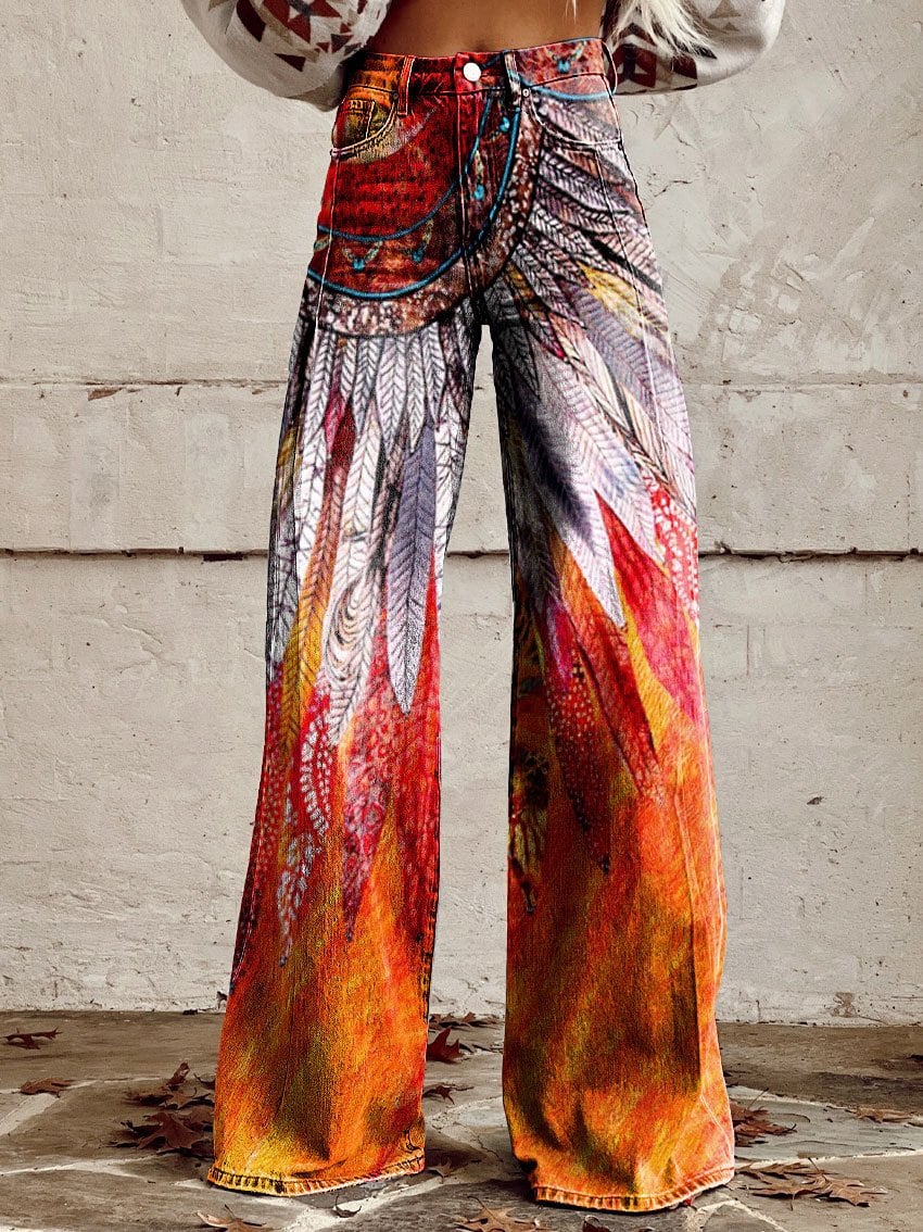 Women's Retro Pattern Print Casual Wide Leg Pants