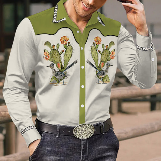 Men's Western Cowboy Cactus Contrast Design Long Sleeve Shirt