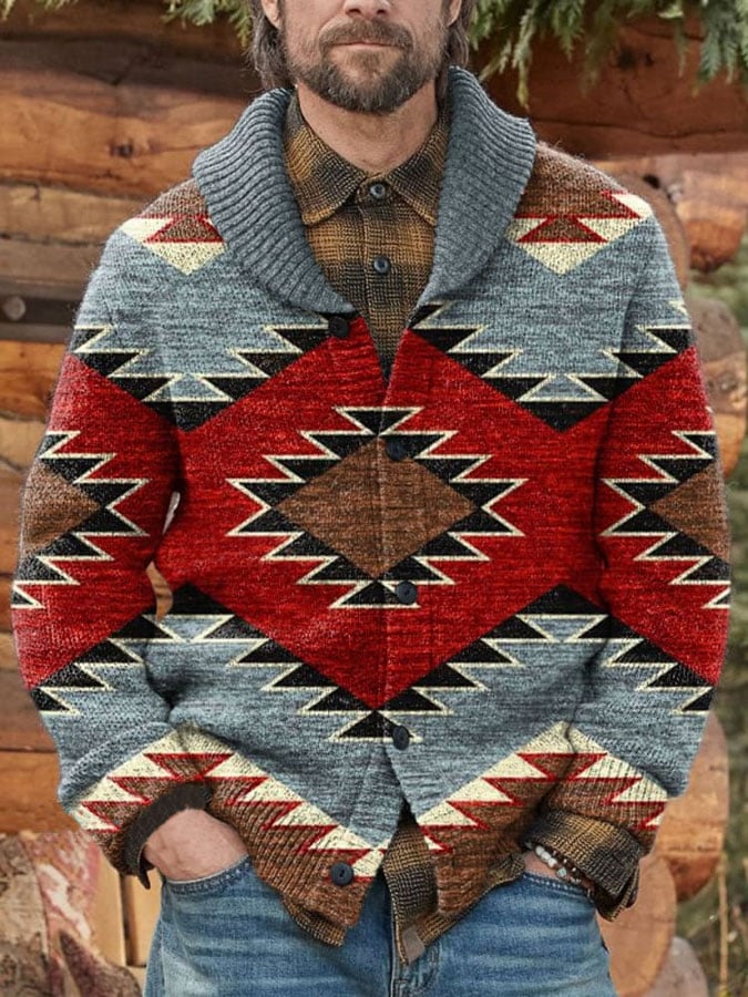 Men's Western Aztecs Print Knit V-neck Casual Pullover Sweater