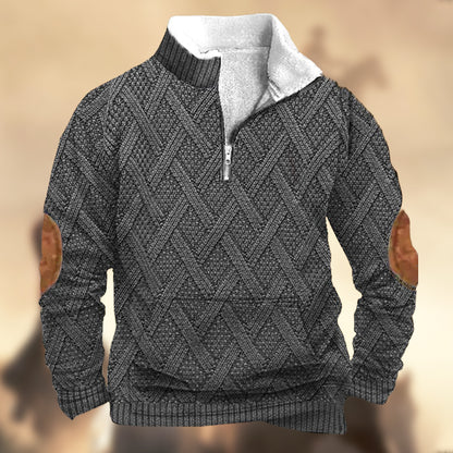 Men's Vintage Country Western Knitt Print Zipper Stand Collar Casual Kangaroo Pocket Sweatshirt