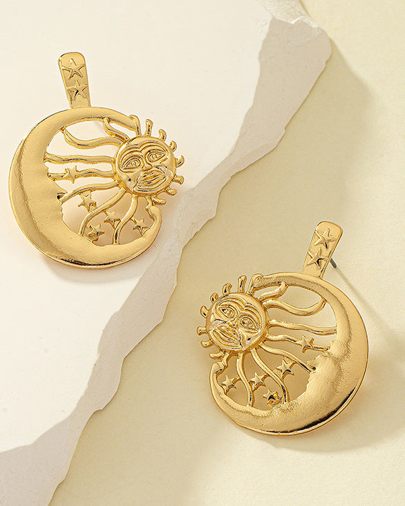 Metal Retro Moon Sun Face Portrait Earrings