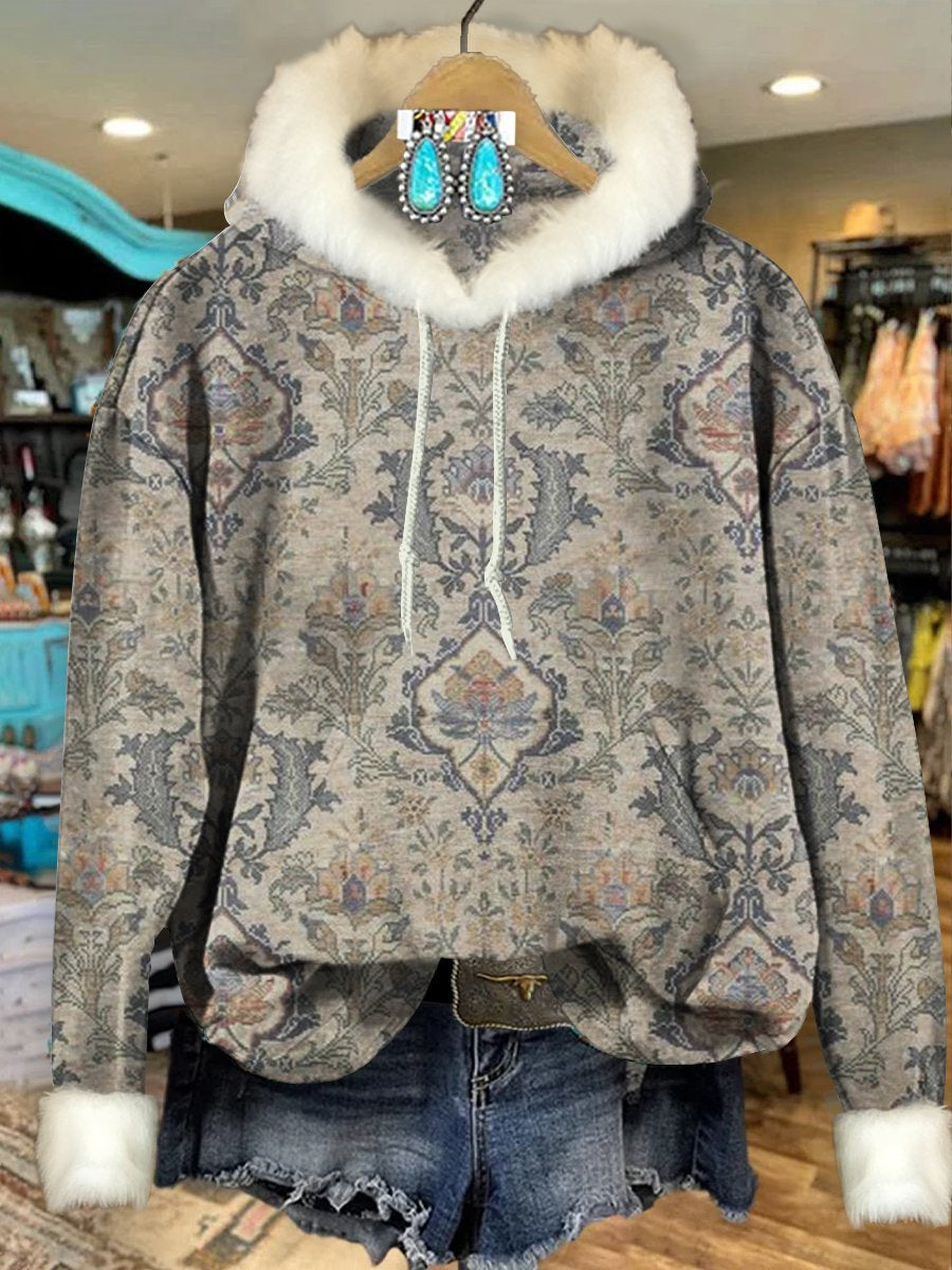 Grey Vintage Flowers Print Imitation Rabbit Fur Trim Casual Hoodie Sweatshirt