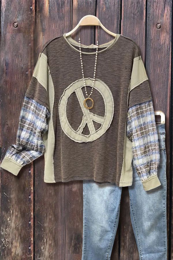 Mixed Fabric Peace Sign Patch Top