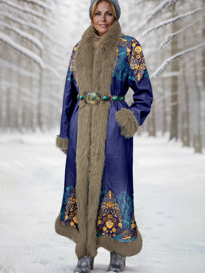 Women's Vintage Blue Printed Fur Patchwork Suede Long Afghan Coat