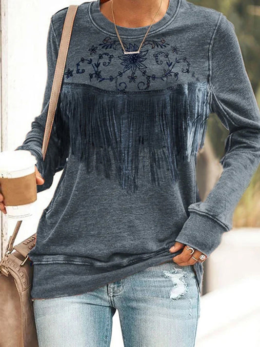 Casual Vintage Western Fringe Print Long Sleeve Sweatshirt