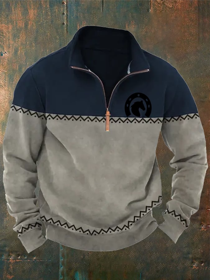 Men's Vintage Quarter Zip Aztec Ethnic Horseshoe Print Long Sleeve Sweatshirt