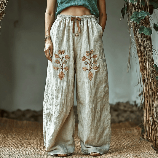 Women's Linen Bohemian Leaf Casual Harem Pants