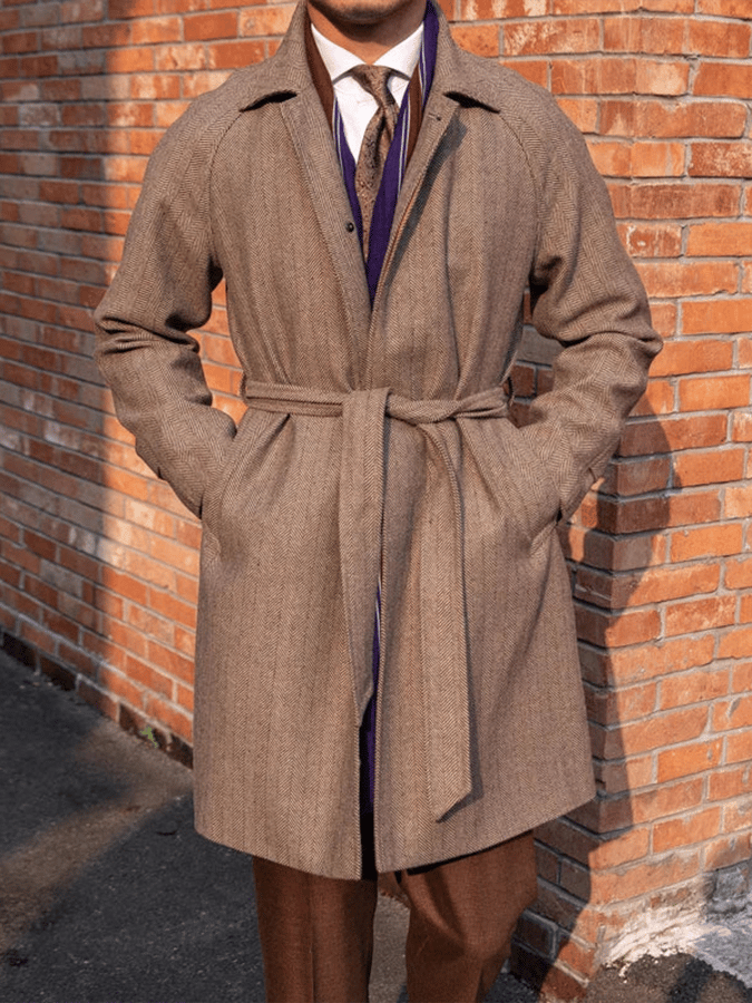 Men's Classic Herringbone Pattern Single-Breasted Open-Pocket Design Casual Woolen Coat (Belt Included)