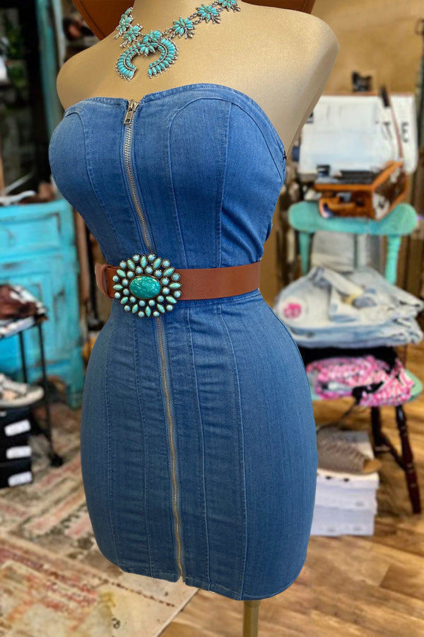 Retro Bandeau Style Full Zip Denim Dress-0520