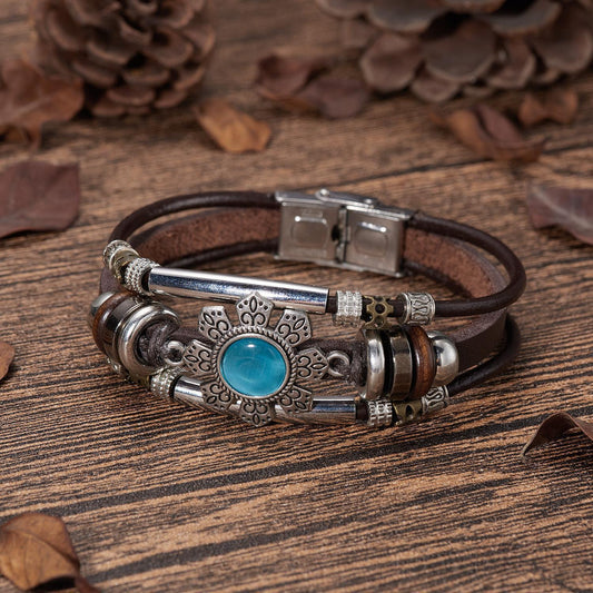 Unisex Ethnic Turquoise Triple Leather Bracelet