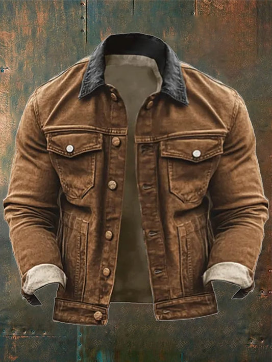 Men's Vintage Distressed Corduroy Splicing Contrasting Colors Jacket