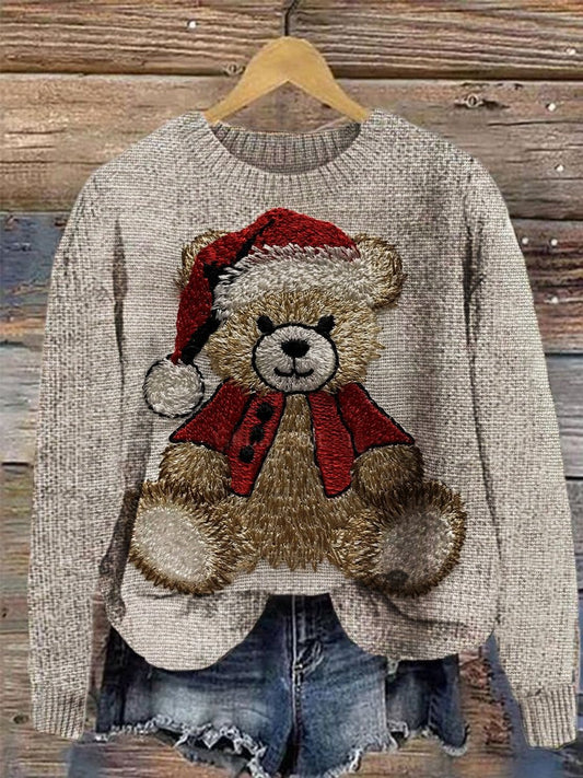 Christmas Bear Print Knit Pullover Sweater