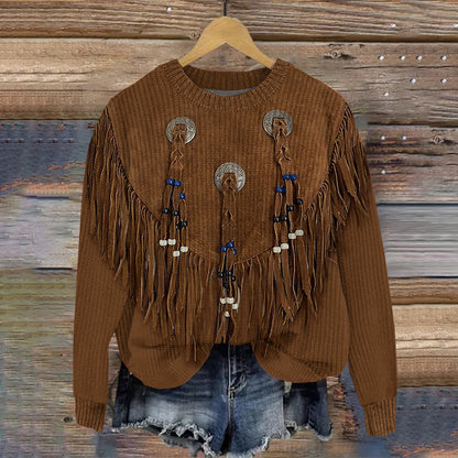 Western Vintage Tribal Tassels Comfy Long Sleeve Sweater