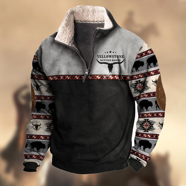 Men's Vintage Yellowstone Fleece Sweatshirt  Elbow Patch Western Zipper Fur Collar Casual Top