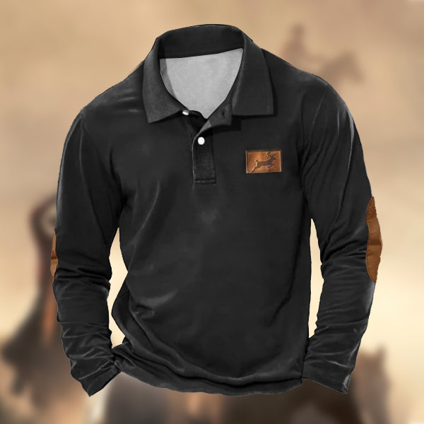 Men's Vintage Elk Hunting Print Casual Long Sleeve Polo Shirt