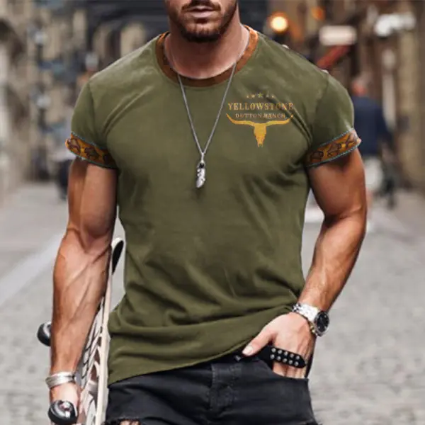 Men's Retro Western Ethnic Yellowstone Printed Pattern Short Sleeve Round Neck T-shirt