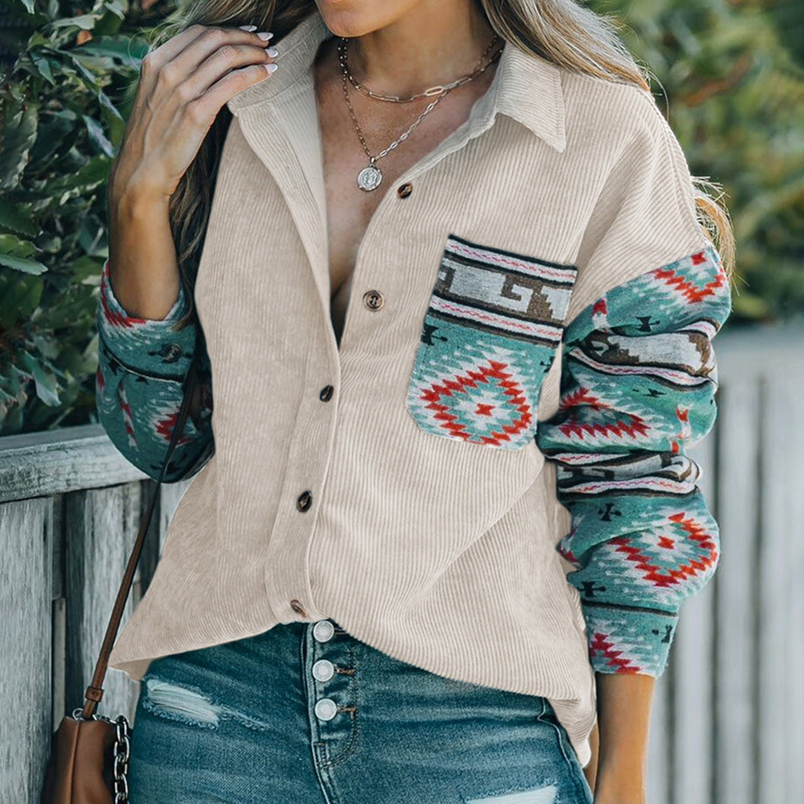 Ethnic Style Patchwork Thin Jacket Corduroy Cardigan