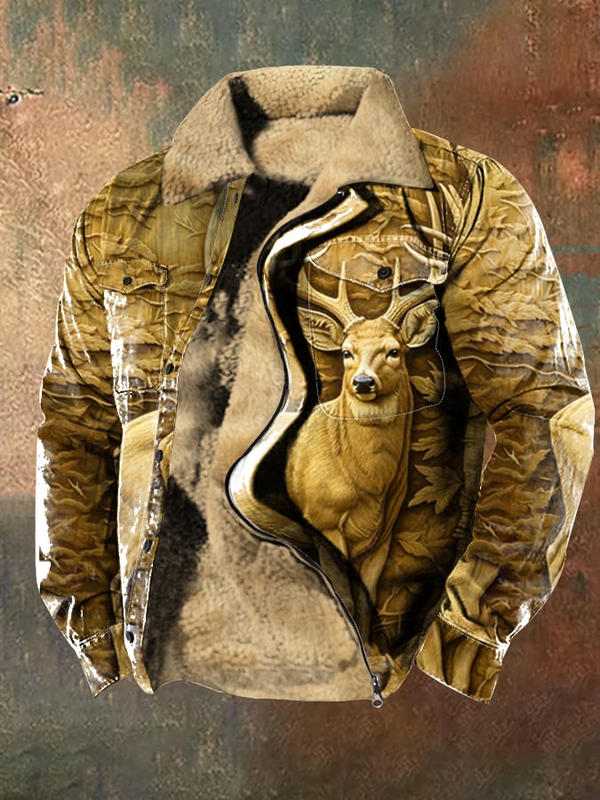 Men's Retro Western Style 3D Deer Print Lapel Zipper Button Velvet Jacket