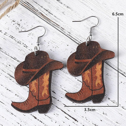 Western Cool Cowboy Hat Boots Wooden Earrings