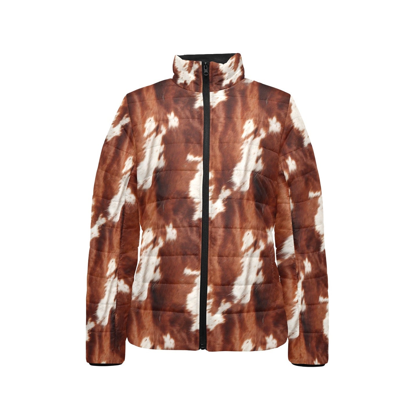 Brown Cow Print Women's Puffy Bomber Jacket