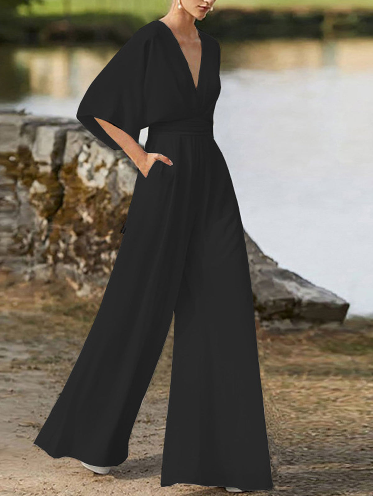 Elegant Deep V Neck Plain Half Sleeve High Waist Wide Leg Jumpsuit