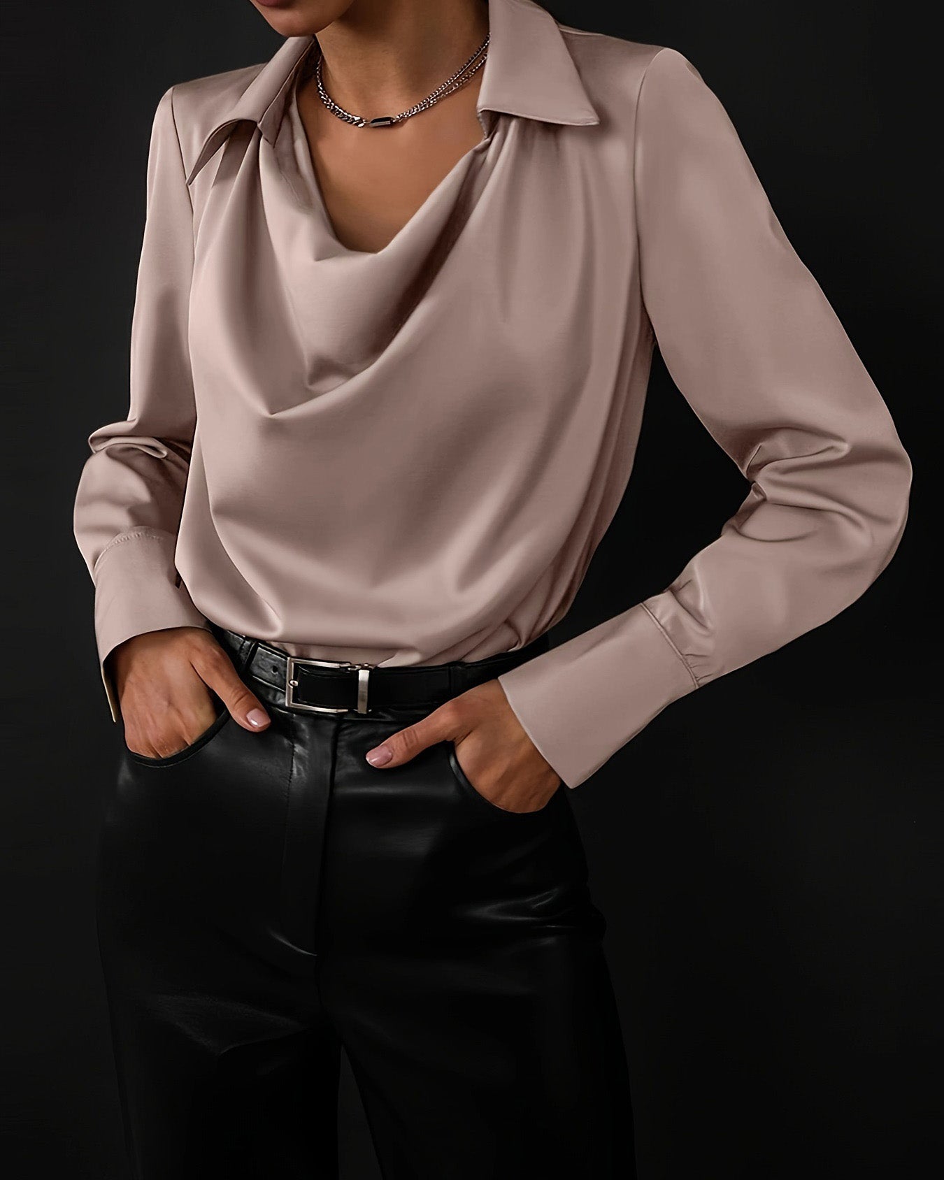 V-Neck Pleated Long Sleeve Blouse