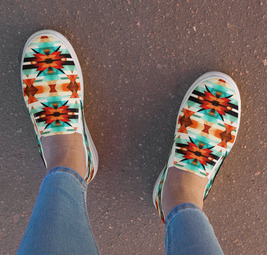 Turquoise Orange Aztec Women__ Slip-on Canvas Shoes