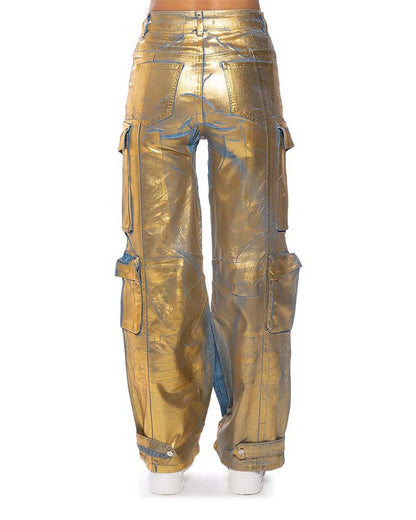 Pocket Cargo Style Metallic Jeans