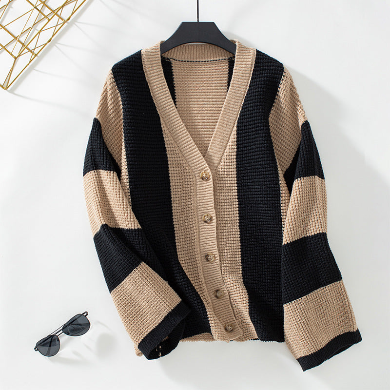 Contrast Color Striped Cardigan Sweater Women's Knitted Sweater