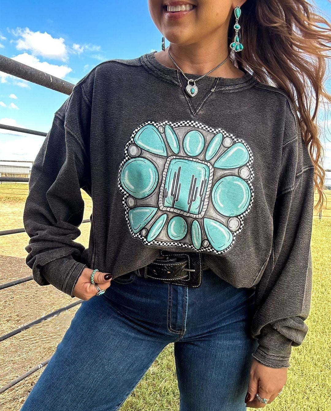 Western Retro Stretch Jewelry Print Pullover Sweatshirt