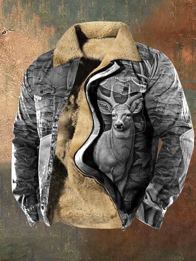 Men's Retro Western Style 3D Deer Print Lapel Zipper Button Velvet Jacket