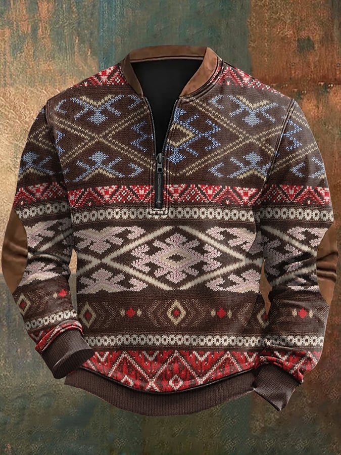 Men's Vintage Western Knit Print Zip-Neck Sweatshirt