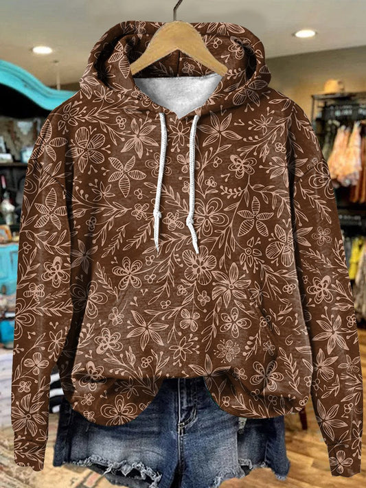 Retro Brown Floral Art Print Casual Hoodie Sweatshirt