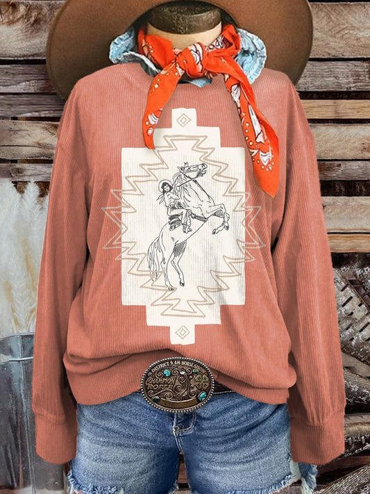 Women's Vintage Aztec Cowgirl Print Casual Corduroy Sweatshirt