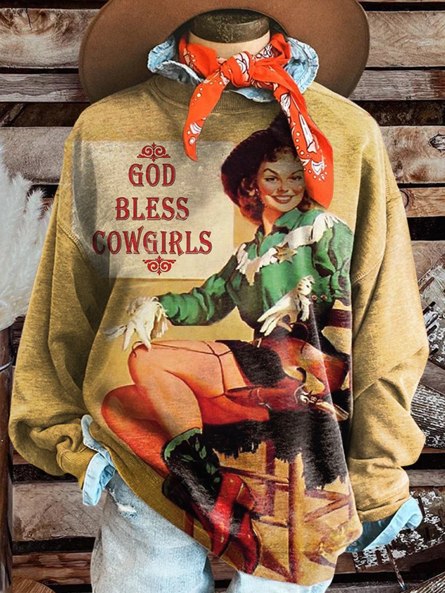 God Bless Cowgirls Print Casual Sweatshirt