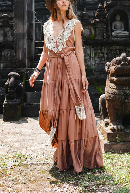 Cotton long skirt Δ Bohemian goddess dress Δ Prairie style layered dress Δ Ball gown fringed backless sleeveless tank top / light pink