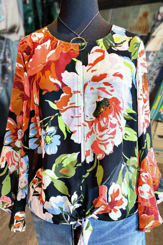 Colorful Floral Print Flared Sleeve Top