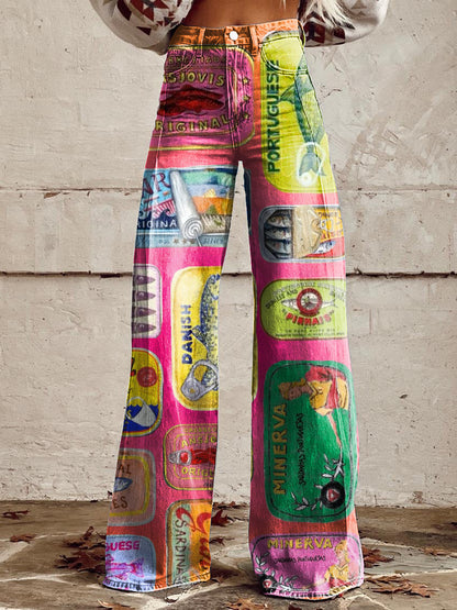 Women's Vintage Sardines Can Print Casual Wide Leg Pants