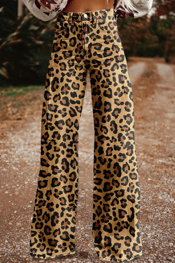 Vintage Leopard Print Casual Wide Leg Pants