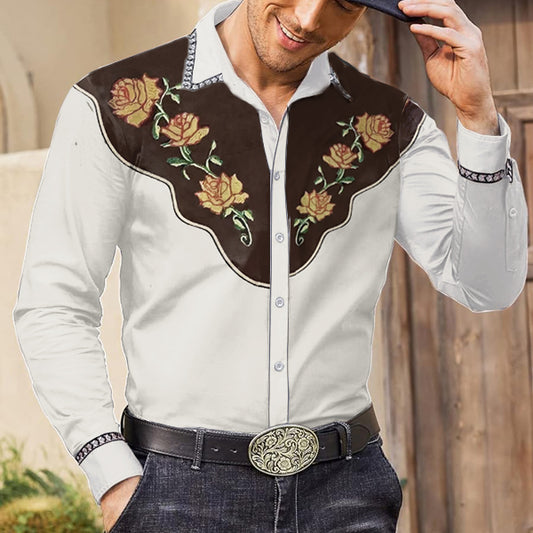 Men's Vintage Western Ethnic Flowers Print Long Sleeved Shirt