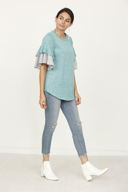 Plus Color Block Sleeve Ruffle Knit Top  choice of colors