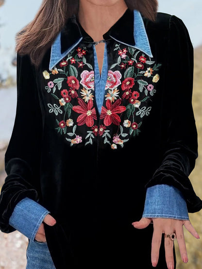 Daily Floral Velvet Patchwork Lapel Collar Long Sleeve Blouse