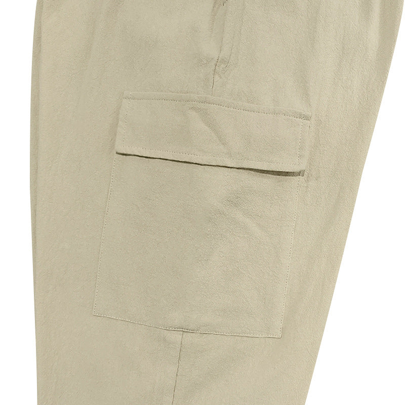 Men's Casual Multi-Pocket Drawstring Cotton Linen Straight Leg Drawstring Pants