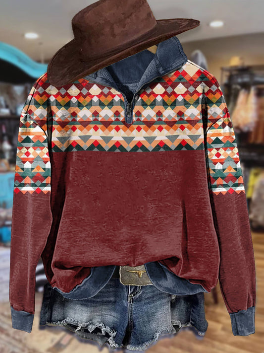 Red Print Casual Long Sleeve Zip Sweatshirt