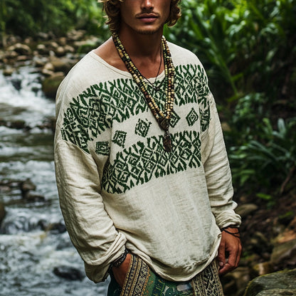 Men's Bohemian Holiday Style Vintage Printed Casual Long Sleeve Top