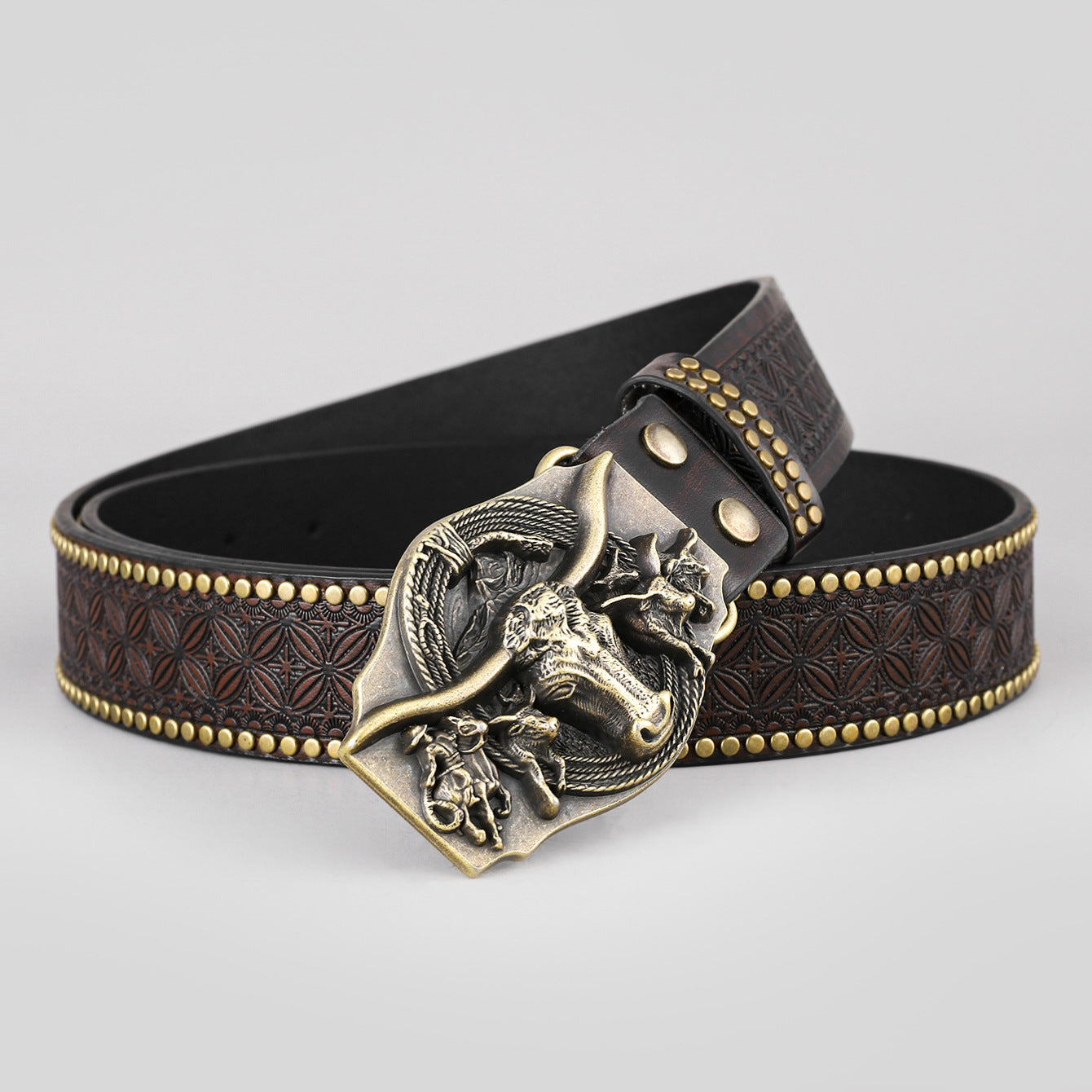 Men's Vintage Western Longhorn Metal Buckle Jeans Casual Rivet Leather Belt