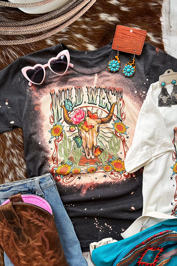 Wild West Floral Skull-Bleached T-Shirt