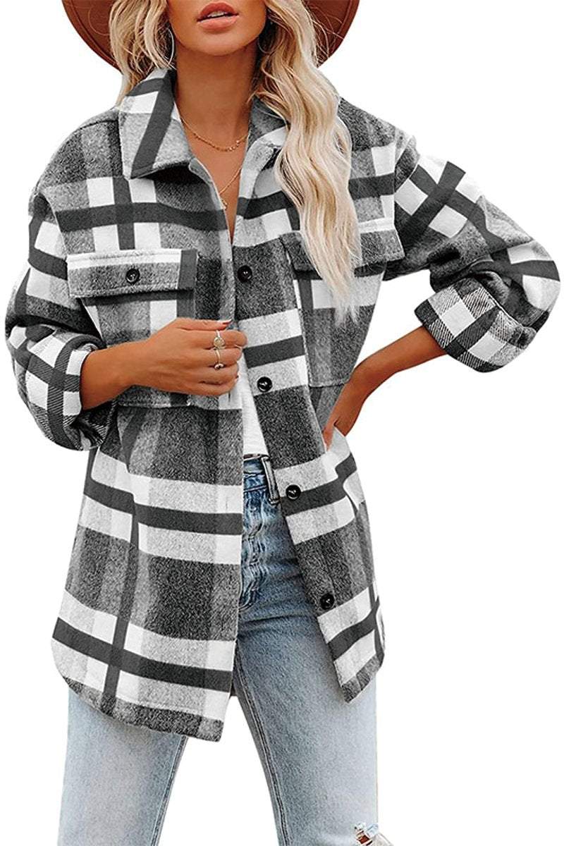 Women's Check Flannel Lapel Button Jacket